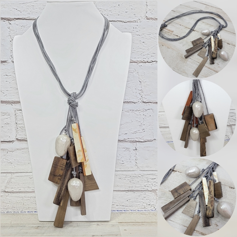 Fashion Statement Wood/Pearl Adjustable Necklace